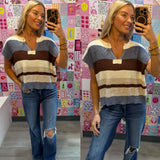 Blue Autumn Hues Striped Cap Sleeve Sweater Top