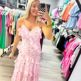 Pink Rose Bow Ruffle Maxi Dress