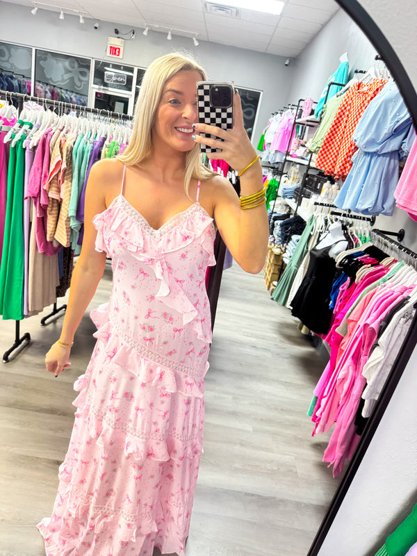 Pink Rose Bow Ruffle Maxi Dress