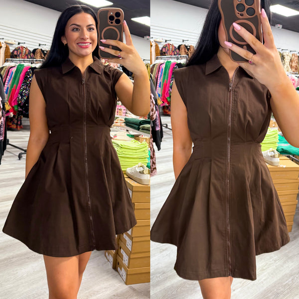 Zip Brown Pleated Mini Dress