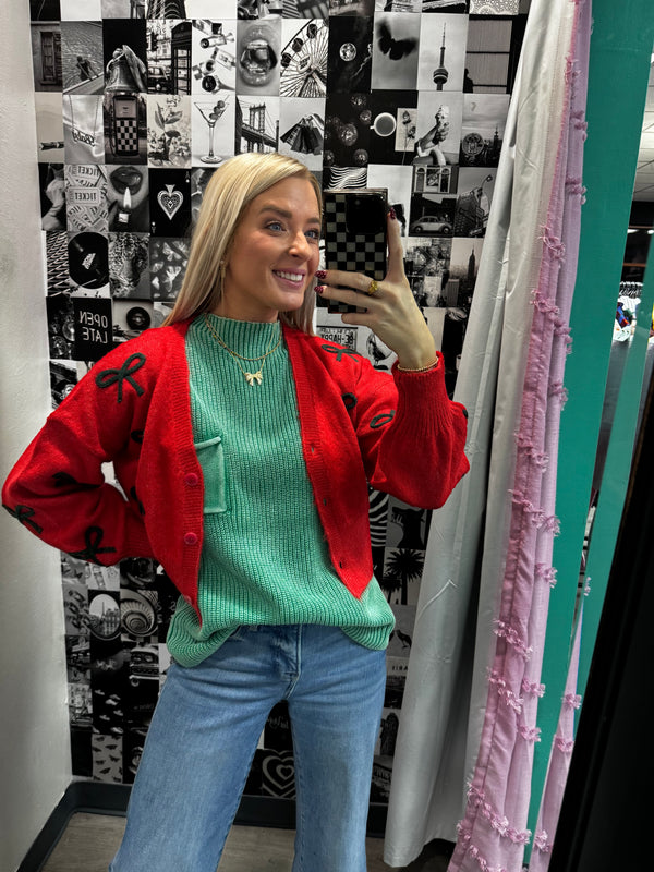 Red and Green Bow Cardigan