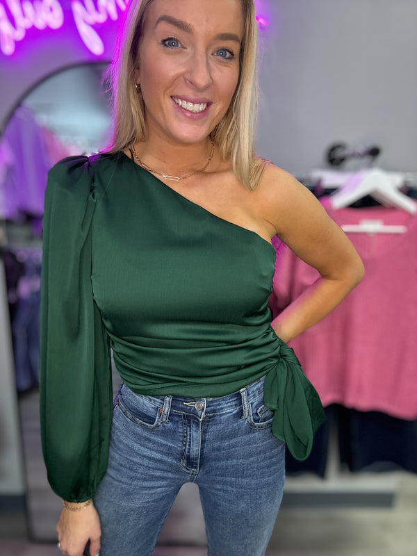 Green One Shoulder Ruched Waist Tie Satin Top