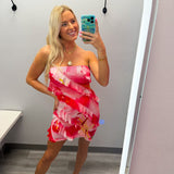 Bright Fuchsia  Floral Strapless Mini Ruffle Dress