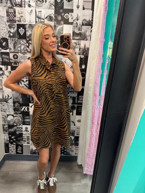 Tiger Print Button Down Shirt Dress With Pockets