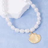 Gold Dipped Clam Sea Shell Pendant Pearl Beaded Necklace
