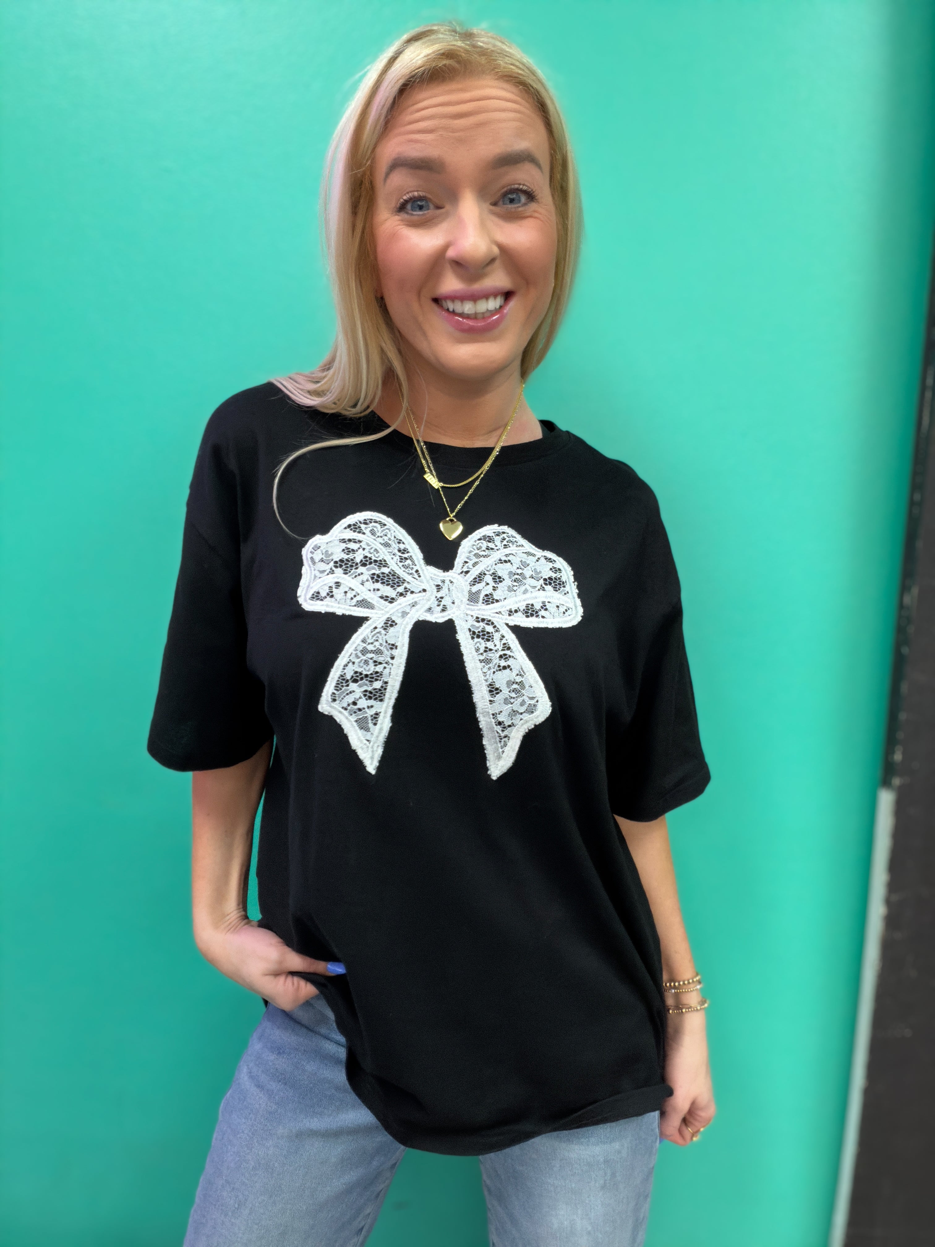 Lace Bow Embroidered Oversized T-Shirt