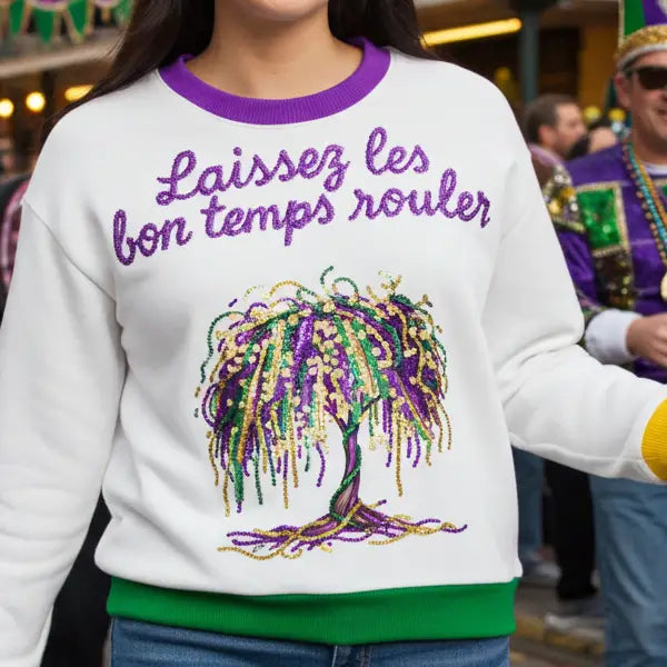 Mardi Gras Bead Tree Sequin Embroidery Sweater