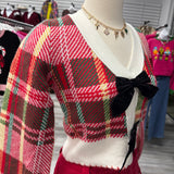 Plaid Sweater with Velvet Bow | Red