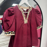 Burgundy And Leopard Trim Top