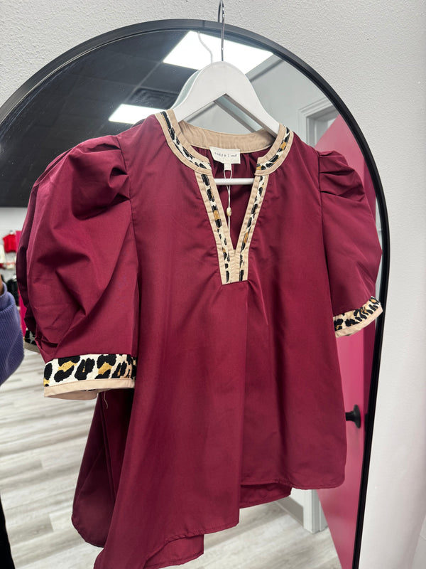 Burgundy And Leopard Trim Top