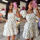 Cream and Black Ribbon Printed Double Bubble Hem Mini Dress