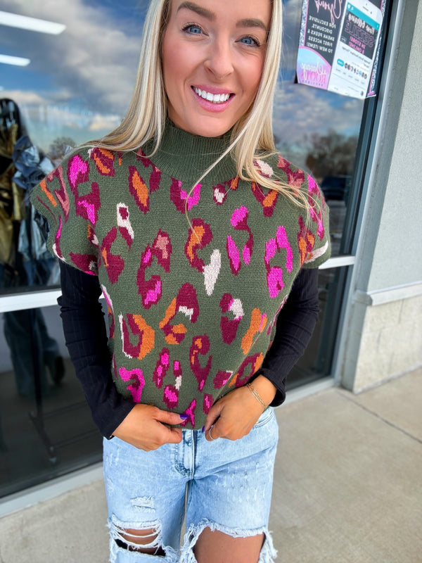 Find My Way Cropped Leopard Sweater - Green