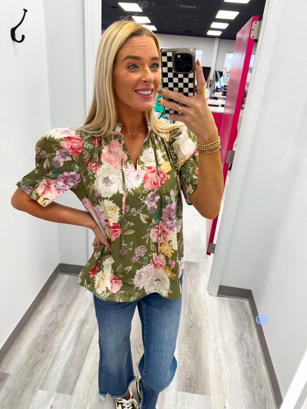 Fall Floral Whisper Top Green