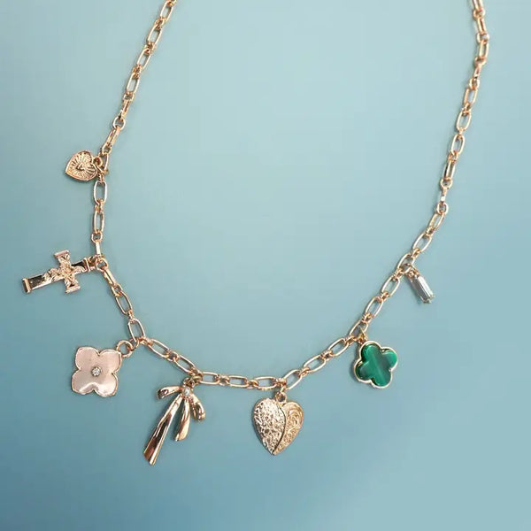Charm Necklace-Green Detail Bow Cross Heart