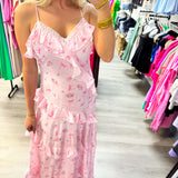 Pink Rose Bow Ruffle Maxi Dress