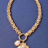 SHELL PEARL CHARM DOUBLE CHAIN NECKLACE