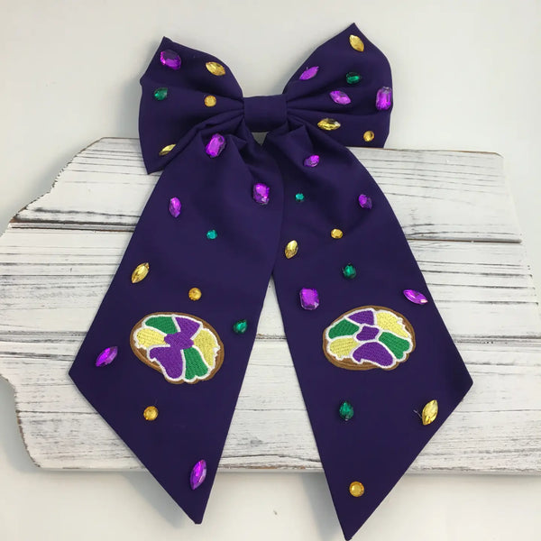 King Cake Hair Bow W/Stones