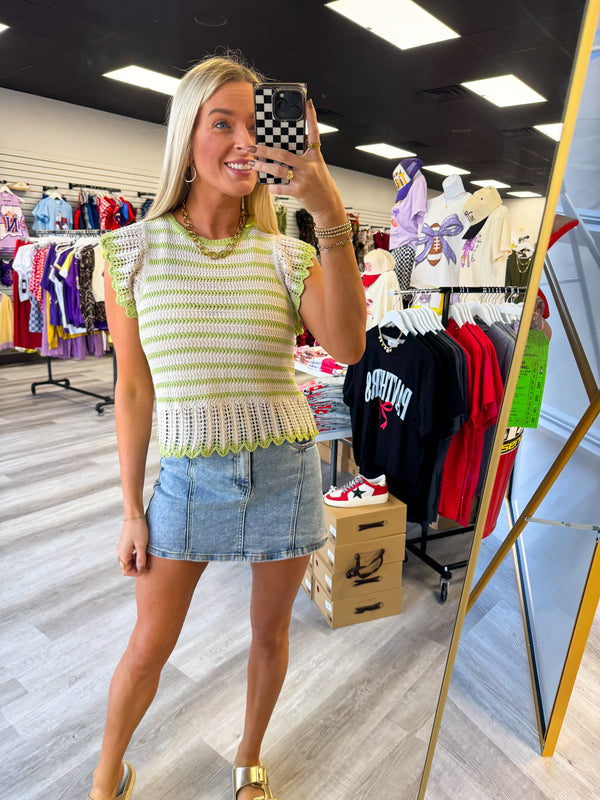 Lime Ruffle Detail Striped Knit Sweater Top