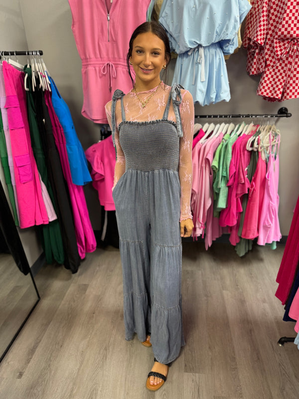 Smocked Tie Chambray Palazzo Wide Pant Jumpsuit