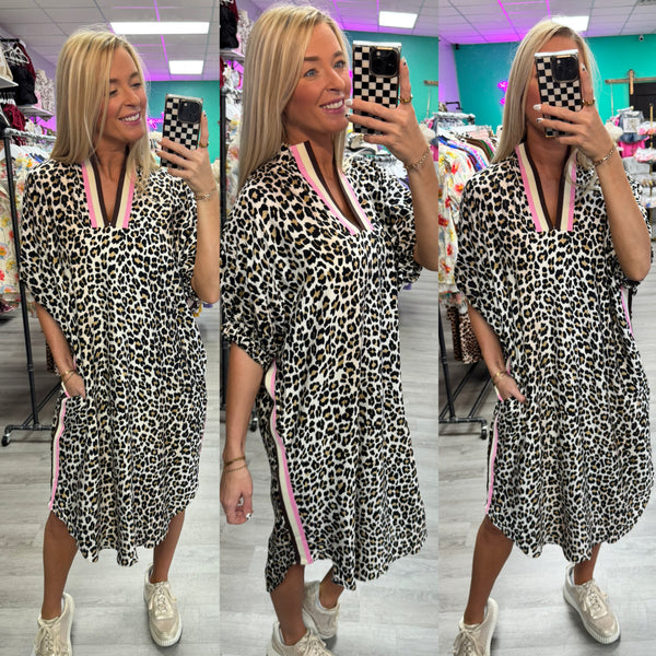 Leopard Dress with Ribbon Collar