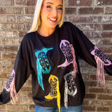 Cowgirl Era | Boot Sequin Fringe Fleece Top