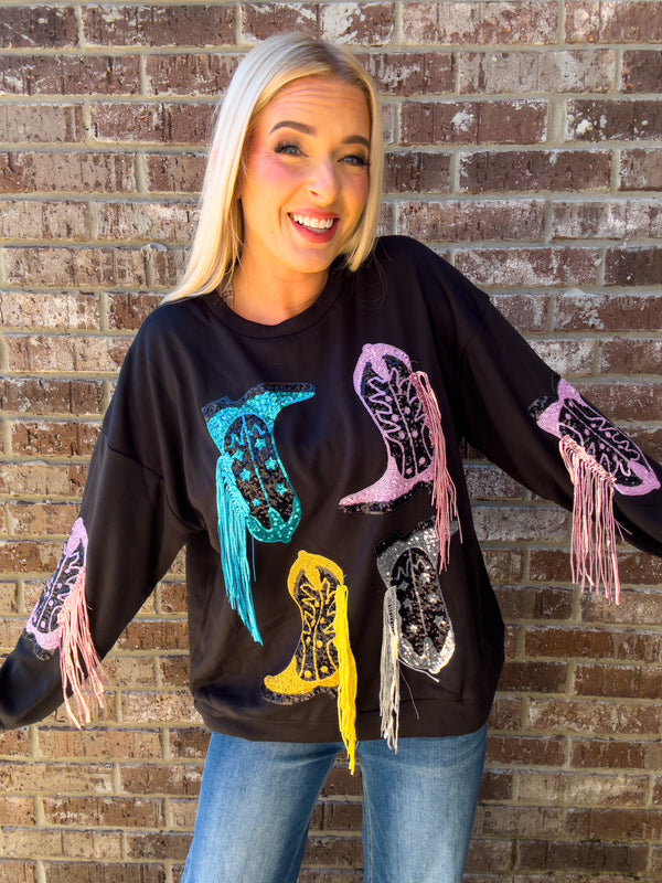 Cowgirl Era | Boot Sequin Fringe Fleece Top