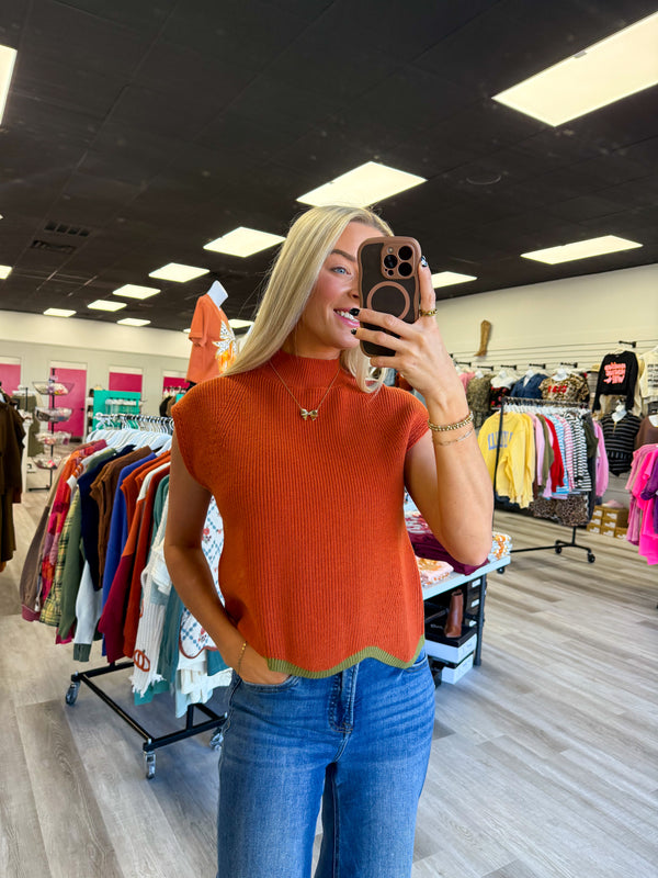 Pumpkin Scallop Contrast Trim Sweater