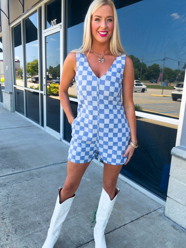 Check Me Out Blue Checkered Romper