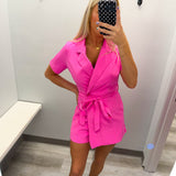 Pink Lapel Collar Short Sleeves Romper