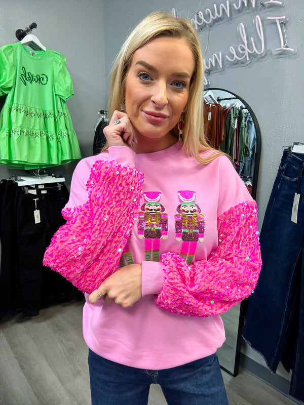 Christmas Nutcracker Sequin Sleeve Sweatshirt Pink