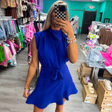 Blue Cowl Neck Sleeveless Mini Dressd