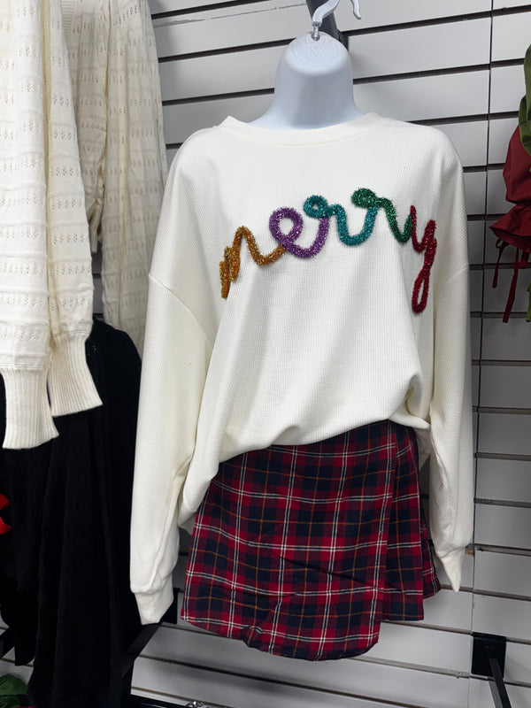 Merry Tinsel Lettering Two Tone Rib Pullover