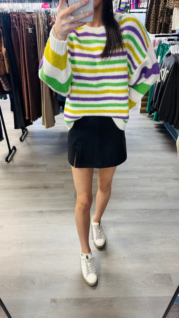 Here for the Beads Mardi Gras Stripe Sweater - Ivory