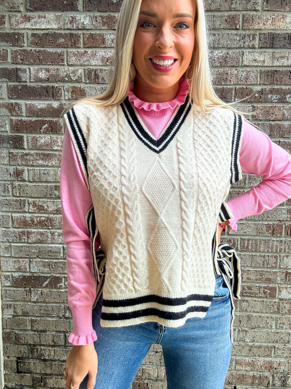 Cream and Black Bow Tie Sweater