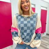 Catching Eyes Checkered Denim and Pink Pullover