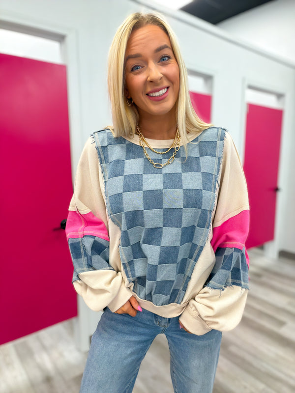 Catching Eyes Checkered Denim and Pink Pullover