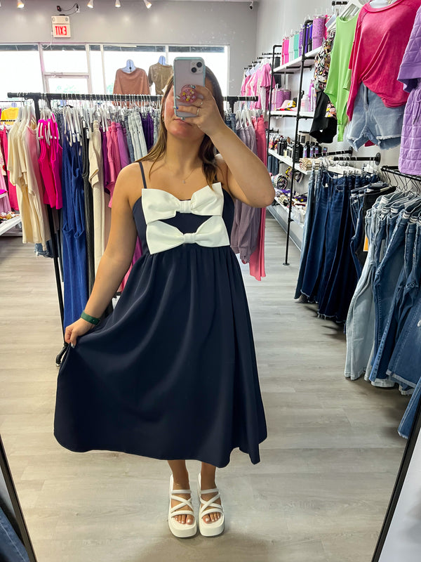 Double Bow Navy Midi Dress