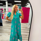 Pretty in Bloom Midi Dress Teal and Pink