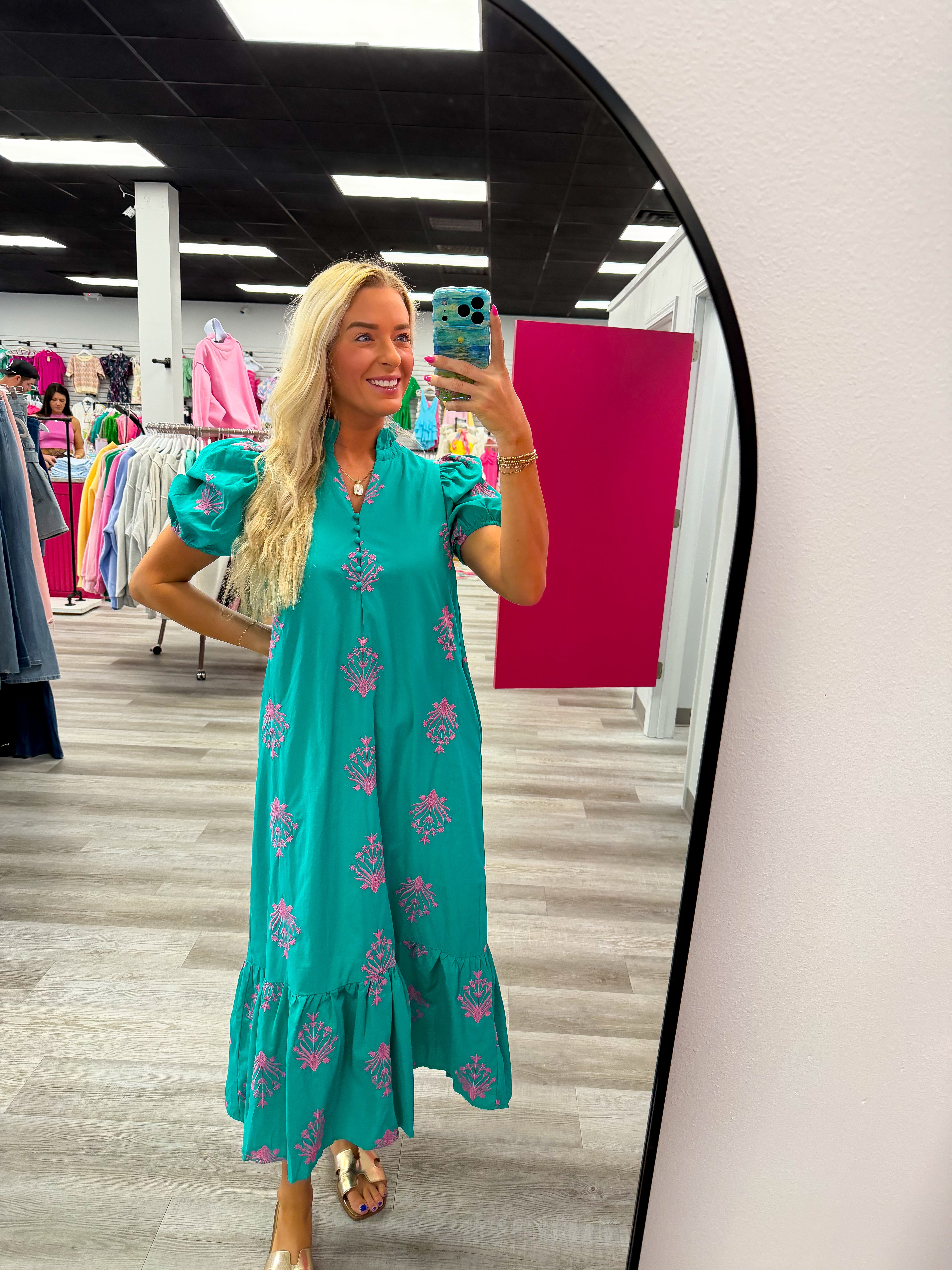 Pretty in Bloom Midi Dress Teal and Pink