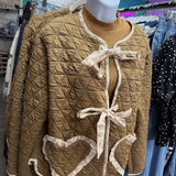 Brown Floral Trim Heart Pocket Quilted Jacket