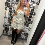 Cream and Black Ribbon Printed Double Bubble Hem Mini Dress