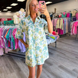 Blue and Yellow Floral Denim Dress