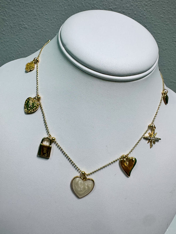 Heart and Lock Multiple Charms Beaded Chain Necklace