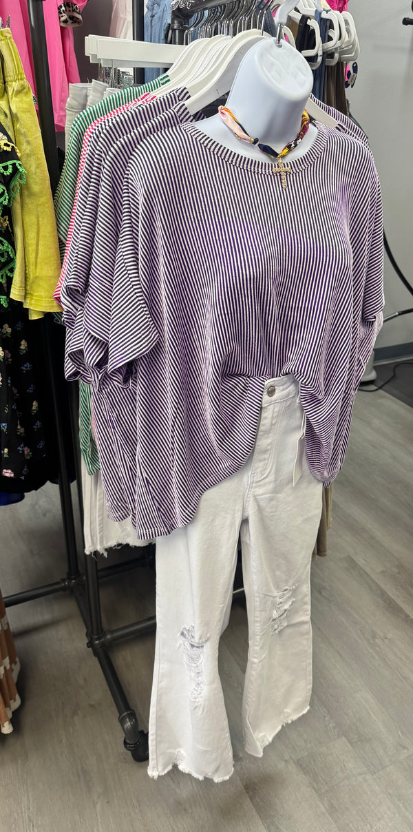 Ribbed Striped Oversized Short Sleeve Top