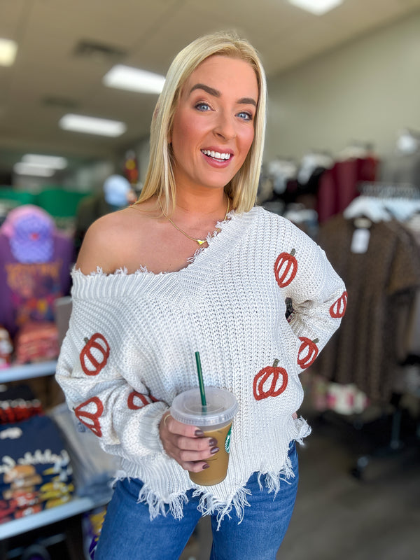 Pumpkin Patch V Neck Fray Sweater