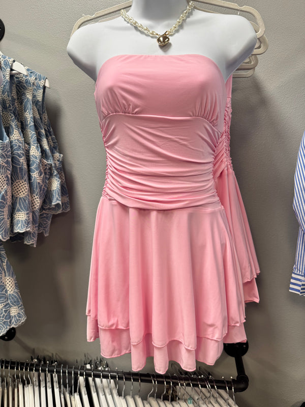 Soft Whispers Strapless Ruched Ruffled Tiered Mini Dress