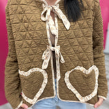 Brown Floral Trim Heart Pocket Quilted Jacket