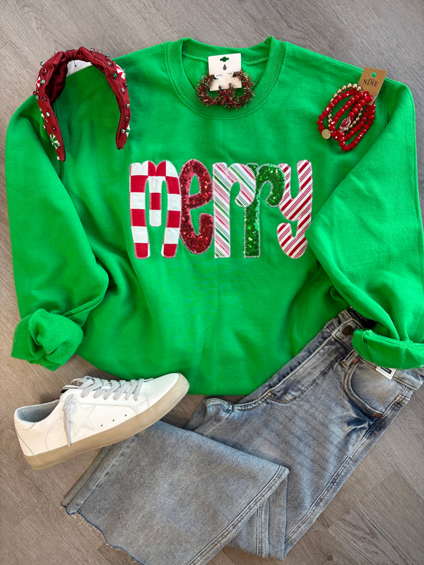 Green Embroidery Merry Christmas Sweatshirt