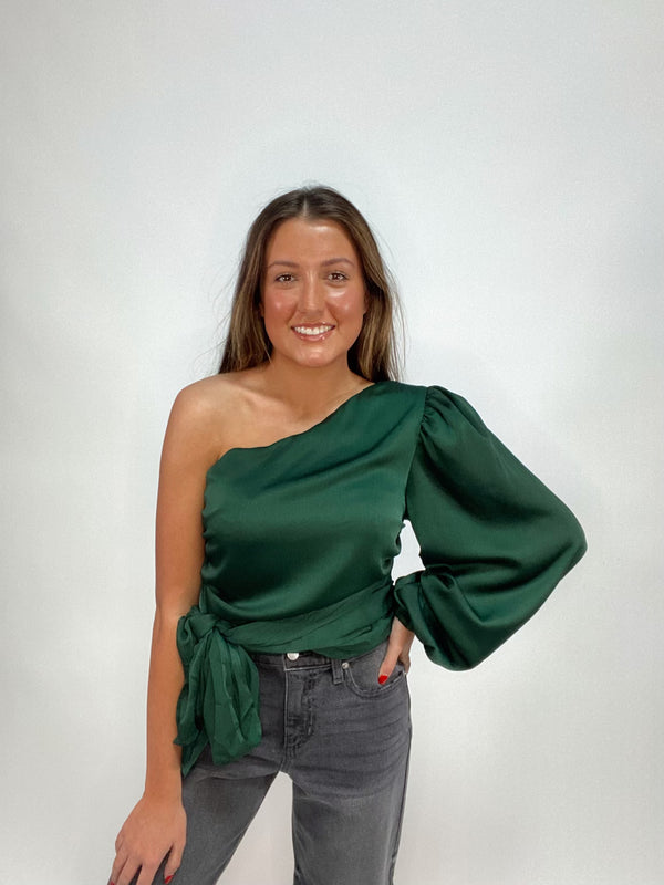 Green One Shoulder Ruched Waist Tie Satin Top