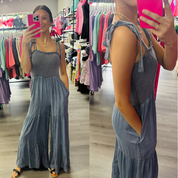 Smocked Tie Chambray Palazzo Wide Pant Jumpsuit